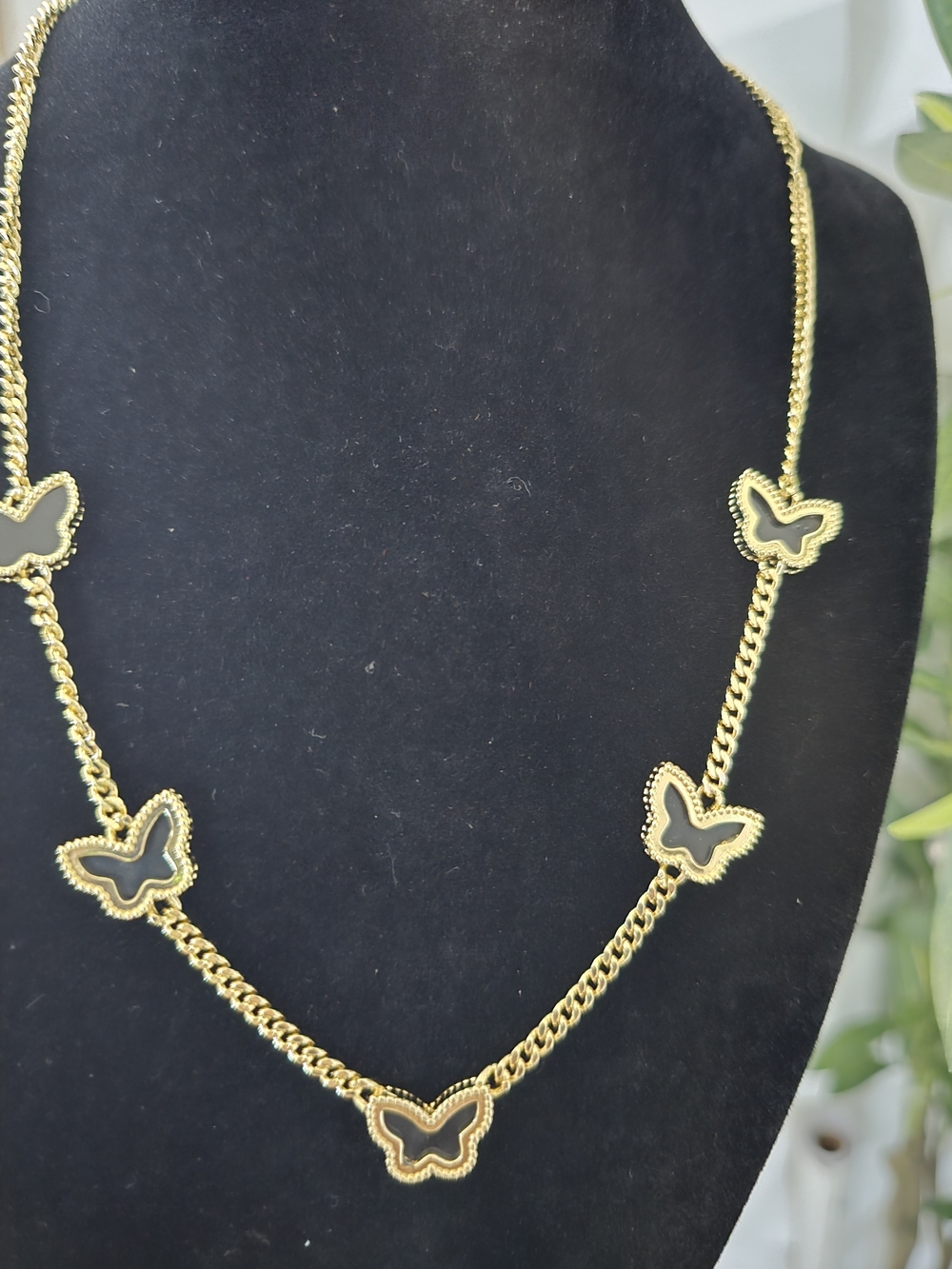 Gold Butterfly Link Necklace with Black Inlay